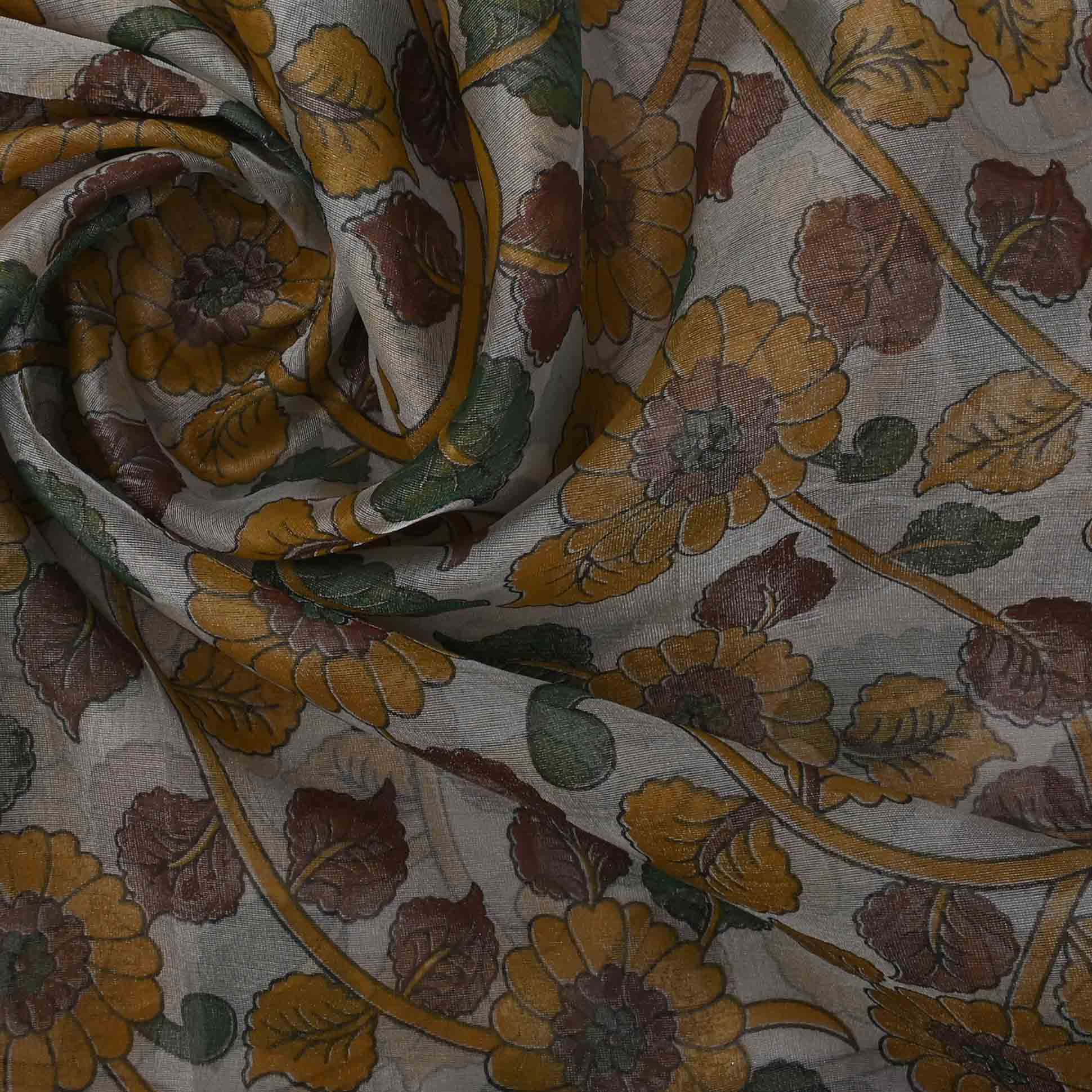 Platinum Grey Kalamkari Printed Organza Fabric