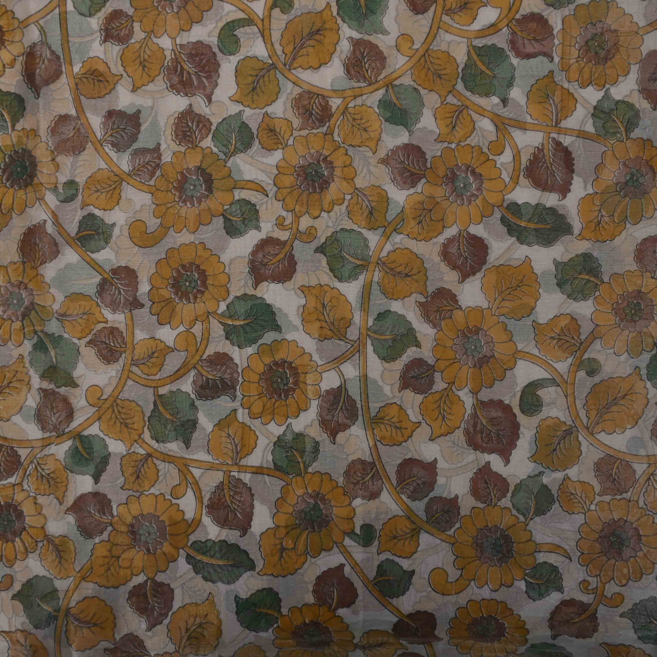 Platinum Grey Kalamkari Printed Organza Fabric