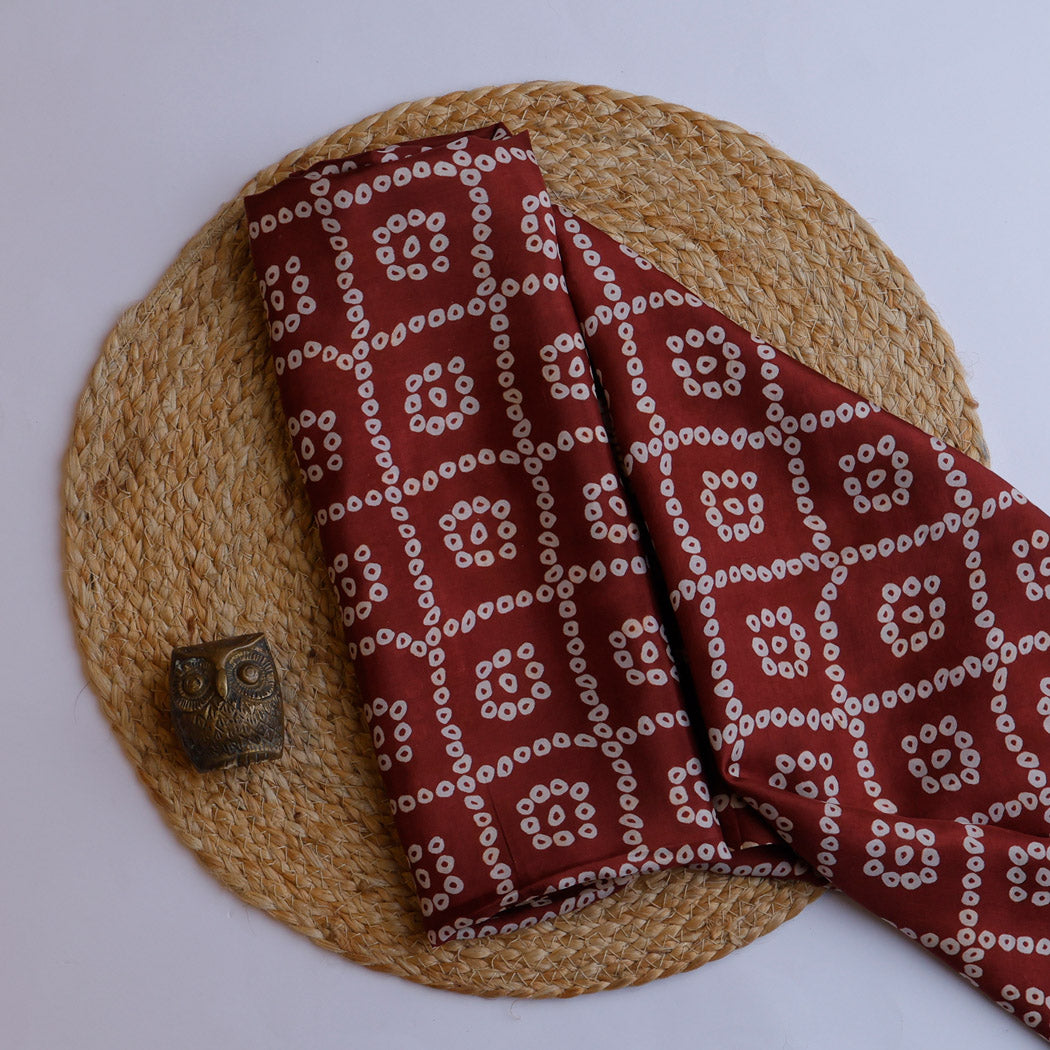 Dark Maroon Color Silk Fabric With Bandhani Printed Dots Pattern