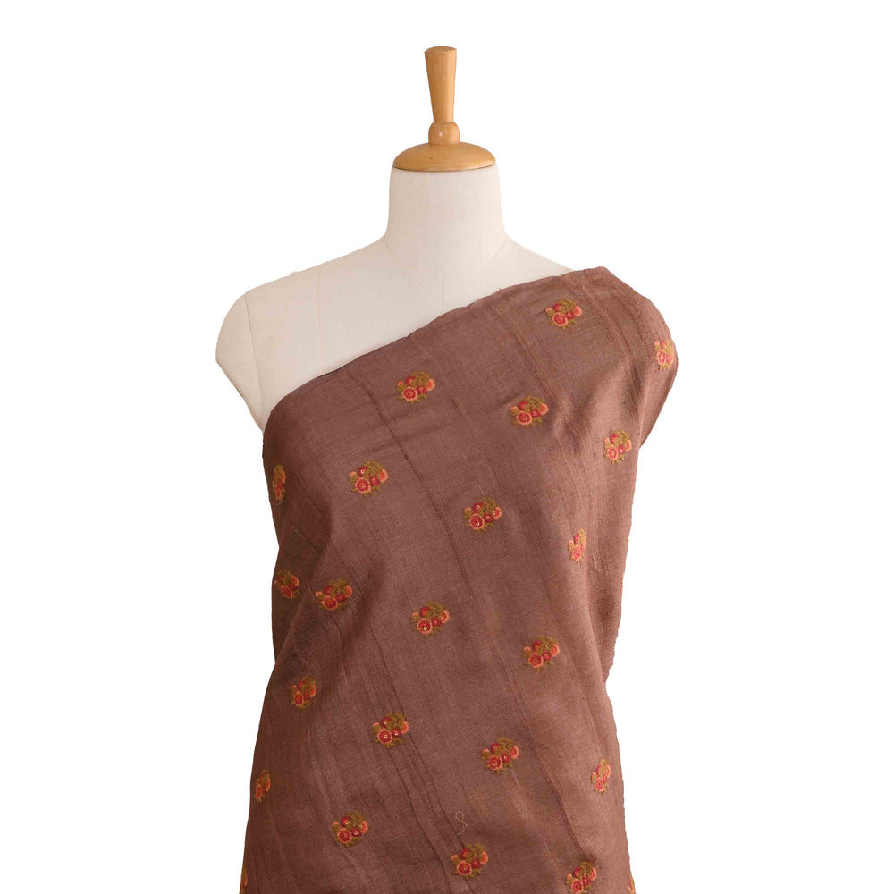 Deep Coffee Brown Tussar Embroidery Fabric