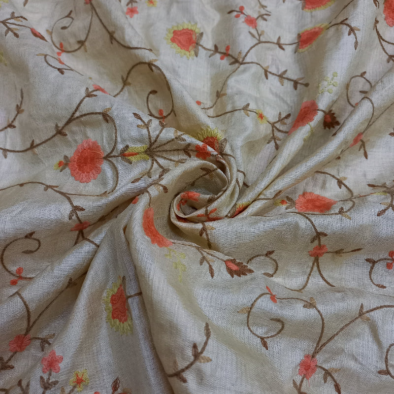Shwetha Dyeable White All Over Floral Embroidered Tusser Silk Fabric