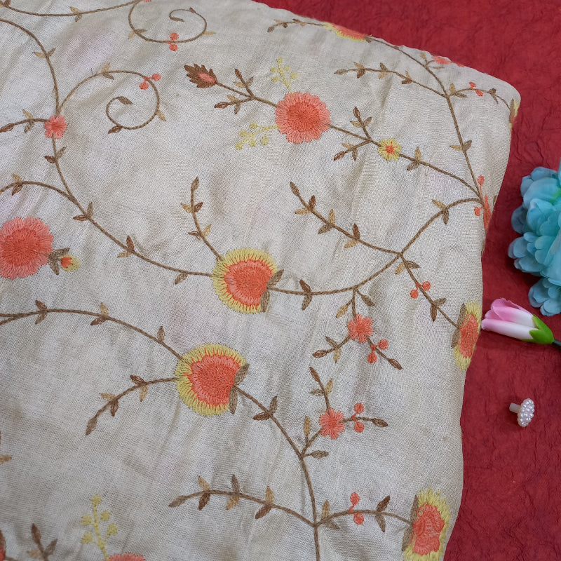 Shwetha Dyeable White All Over Floral Embroidered Tusser Silk Fabric