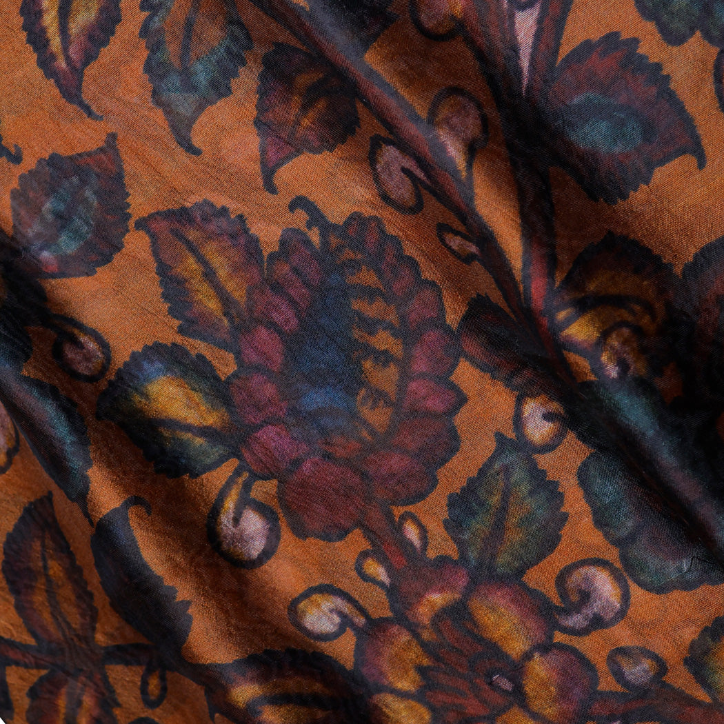 Earthy Orange Color Silk Fabric With Kalamkari Floral Motif Pattern