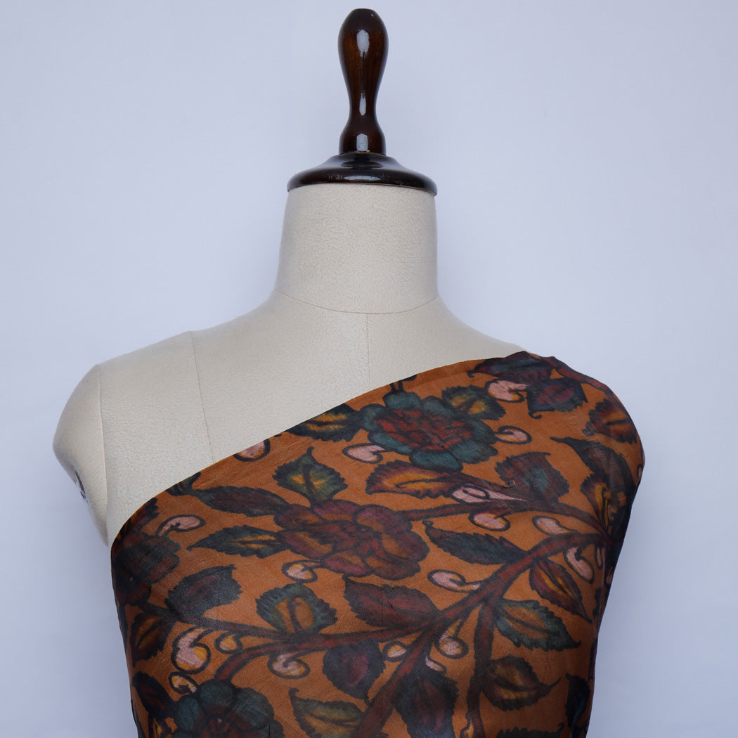 Earthy Orange Color Silk Fabric With Kalamkari Floral Motif Pattern