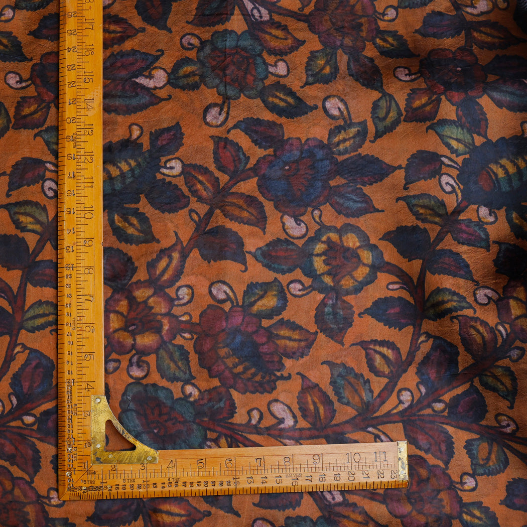 Earthy Orange Color Silk Fabric With Kalamkari Floral Motif Pattern