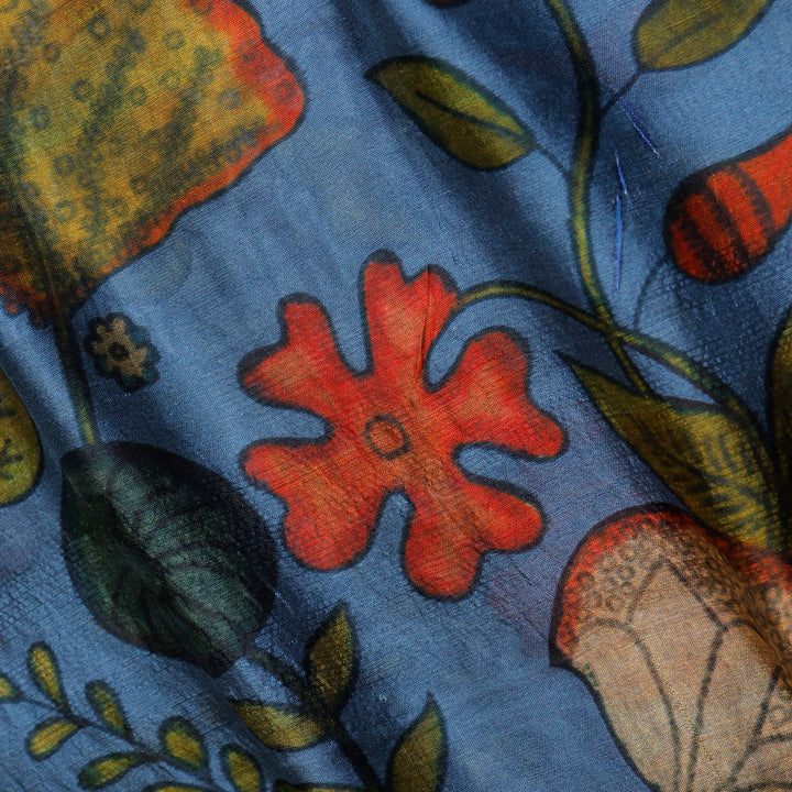 Aqua Blue Color Silk Fabric With Floral Motif Pattern