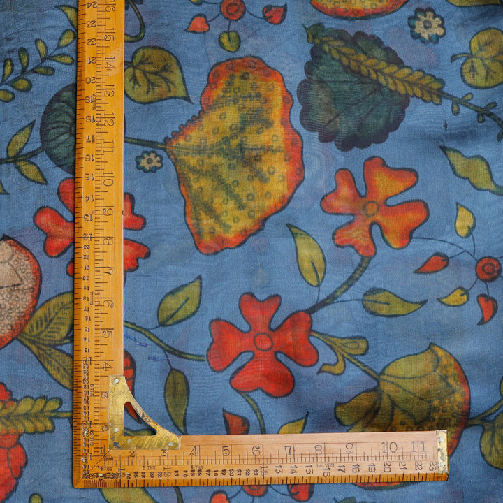 Aqua Blue Color Silk Fabric With Floral Motif Pattern
