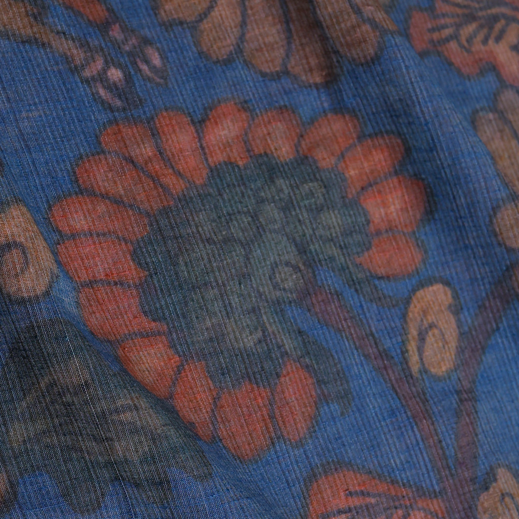 Azure Blue Color Tussar Fabric With Floral Motif Pattern