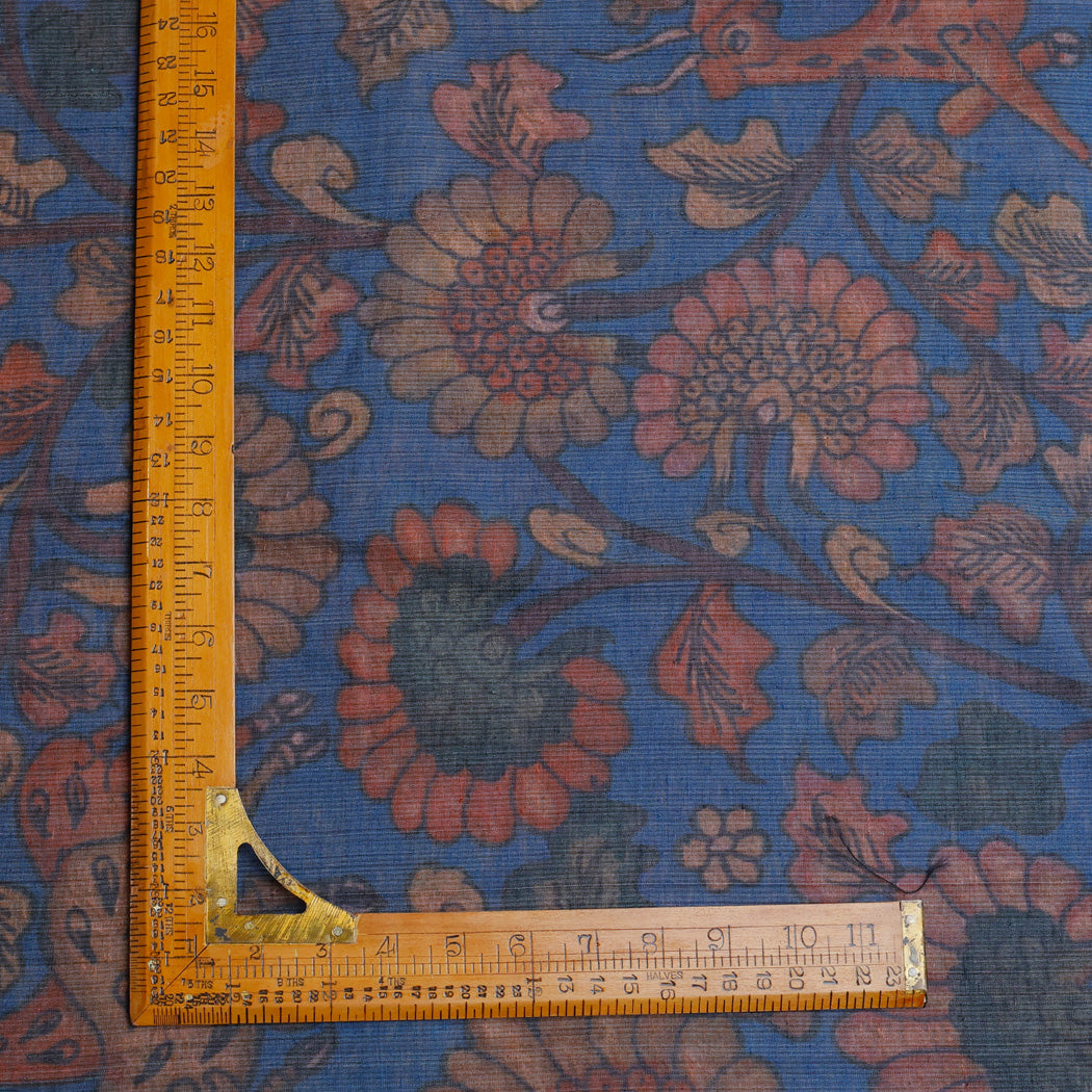 Azure Blue Color Tussar Fabric With Floral Motif Pattern