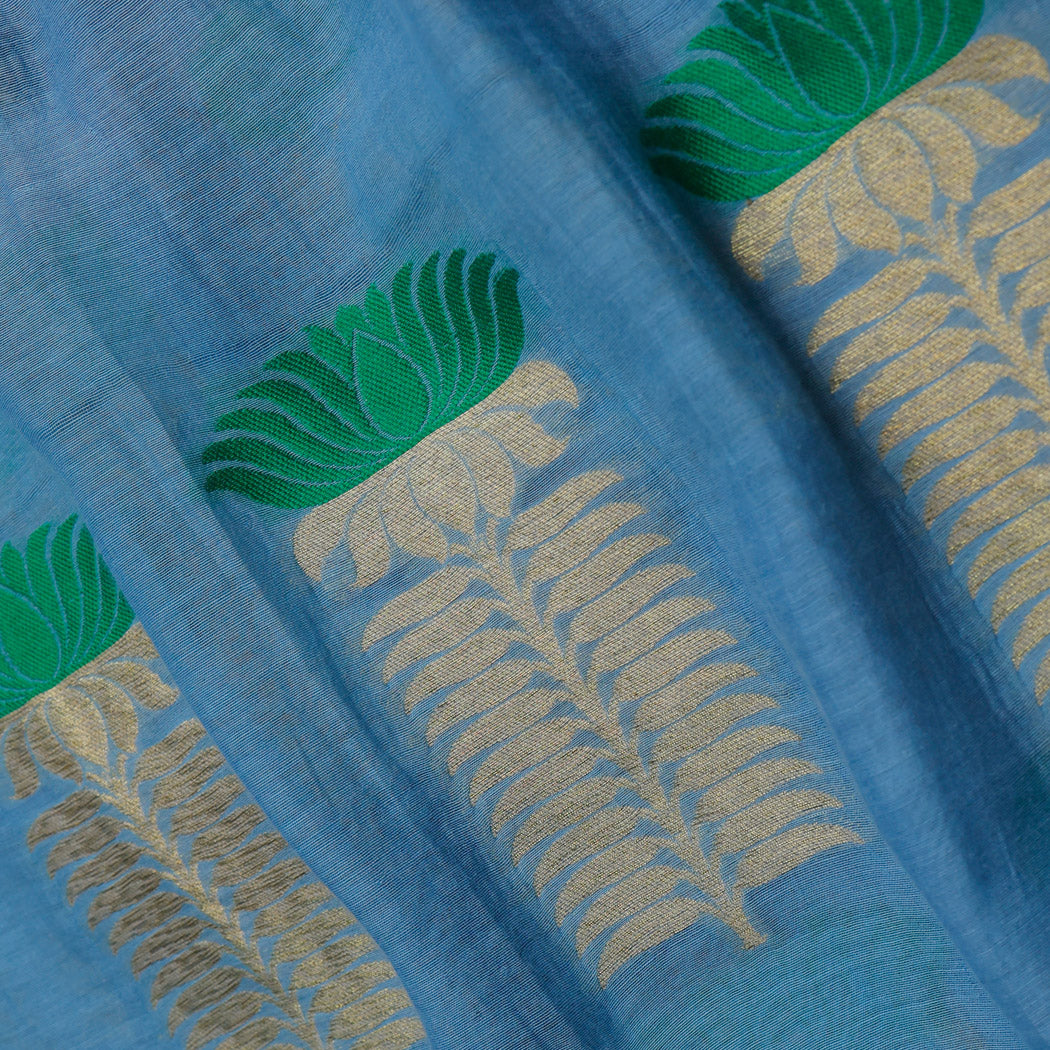 Light Blue Color Chanderi Fabric With Floral Lotus Motifs