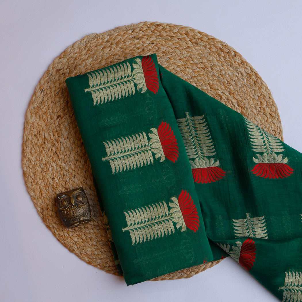 Dark Green Color Chanderi Fabric With Floral Lotus Motifs