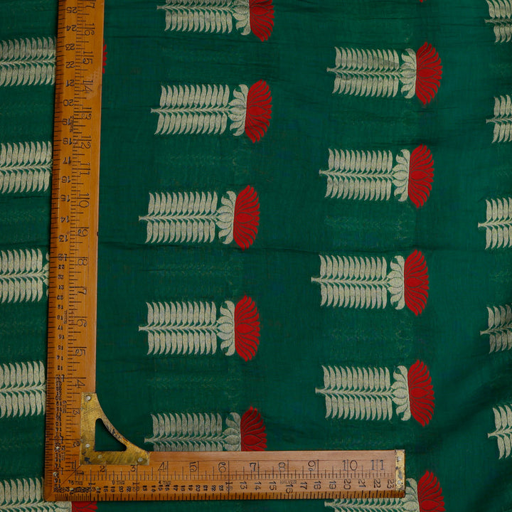 Dark Green Color Chanderi Fabric With Floral Lotus Motifs