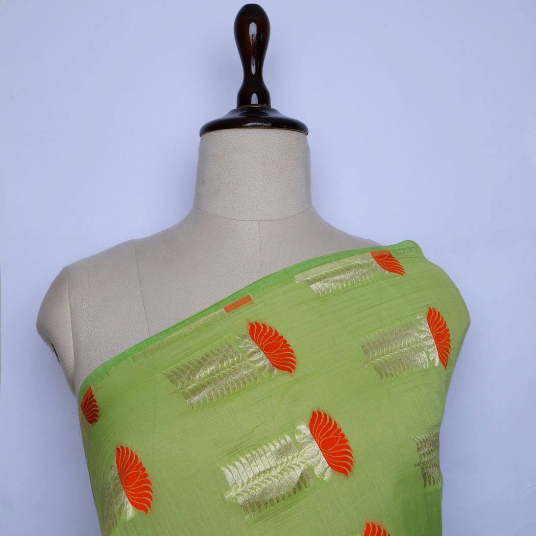 Light Green Color Chanderi Fabric With Floral Lotus Motifs
