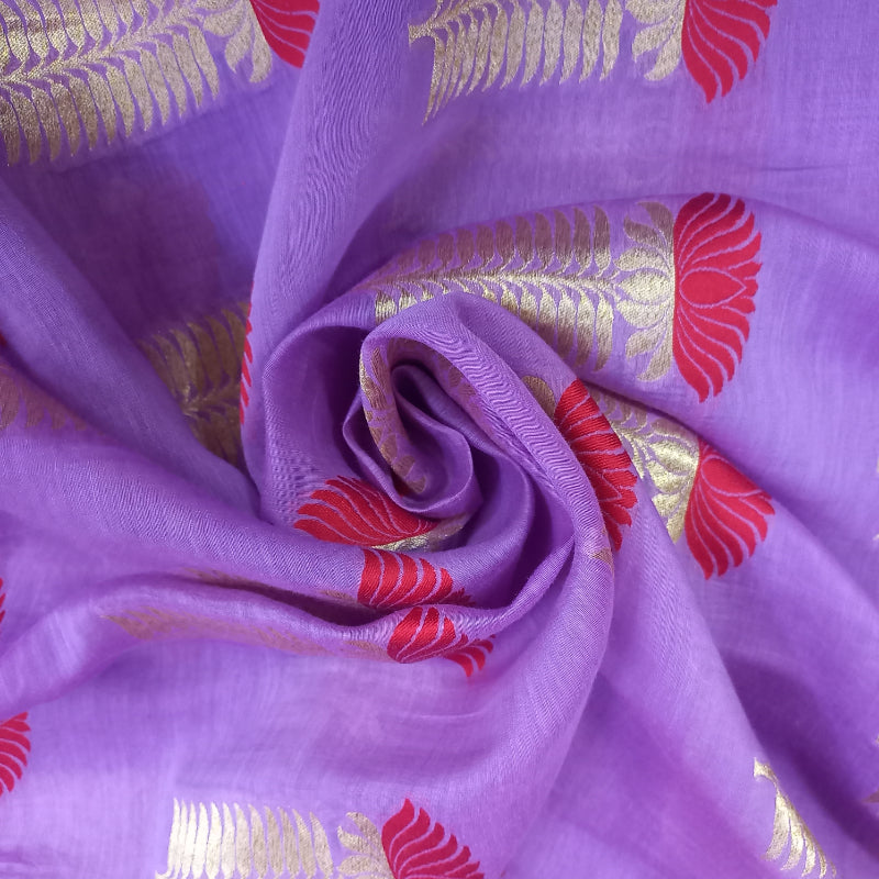 Violet Floral Motifs Chanderi Jamawar Silk Fabric