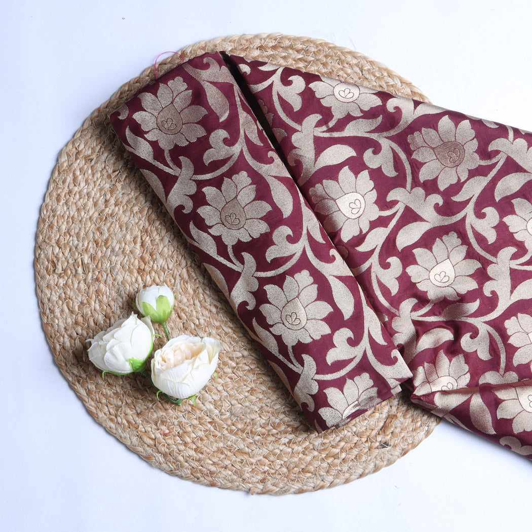 Dark Maroon Color Silk Fabric With Floral Jaal Design