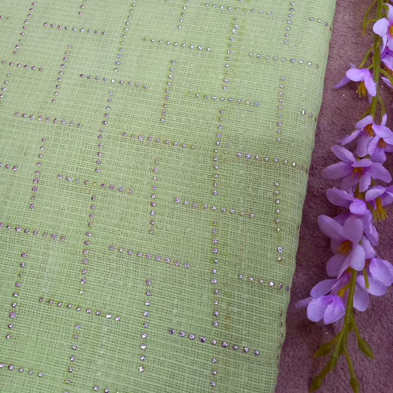 Pastel Yellow Colour Kota Embroidered Fabric