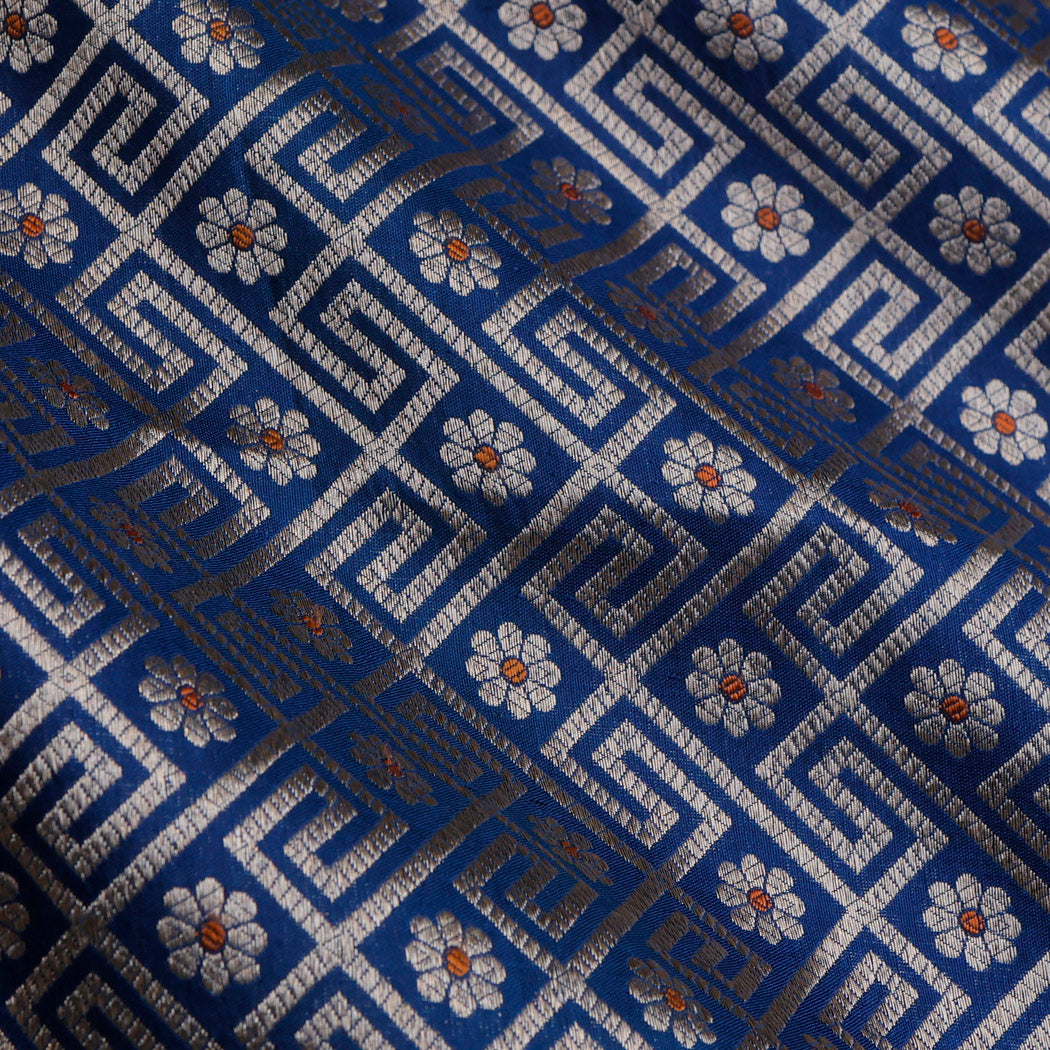 Navy Blue Color Silk Fabric With Floral Checks Pattern