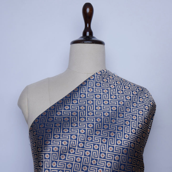 Navy Blue Color Silk Fabric With Floral Checks Pattern