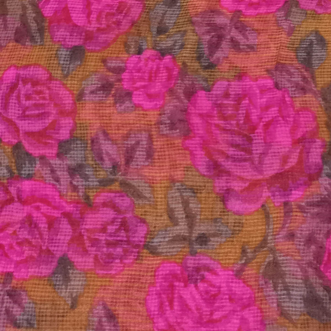 Orange Color Silk Fabric With Floral Motifs