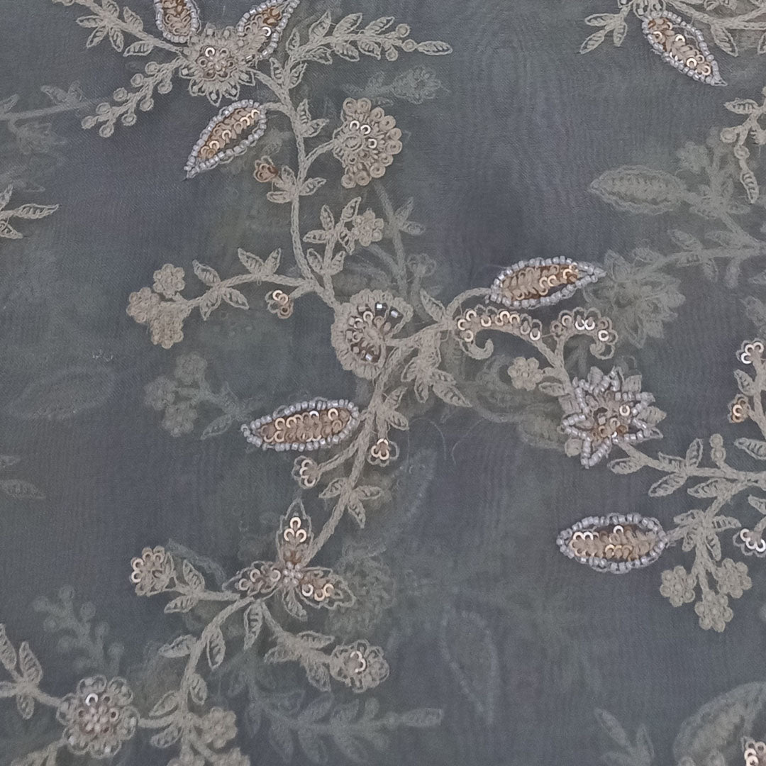 Pastel Grey Color Silk Fabric With Floral Embroidery