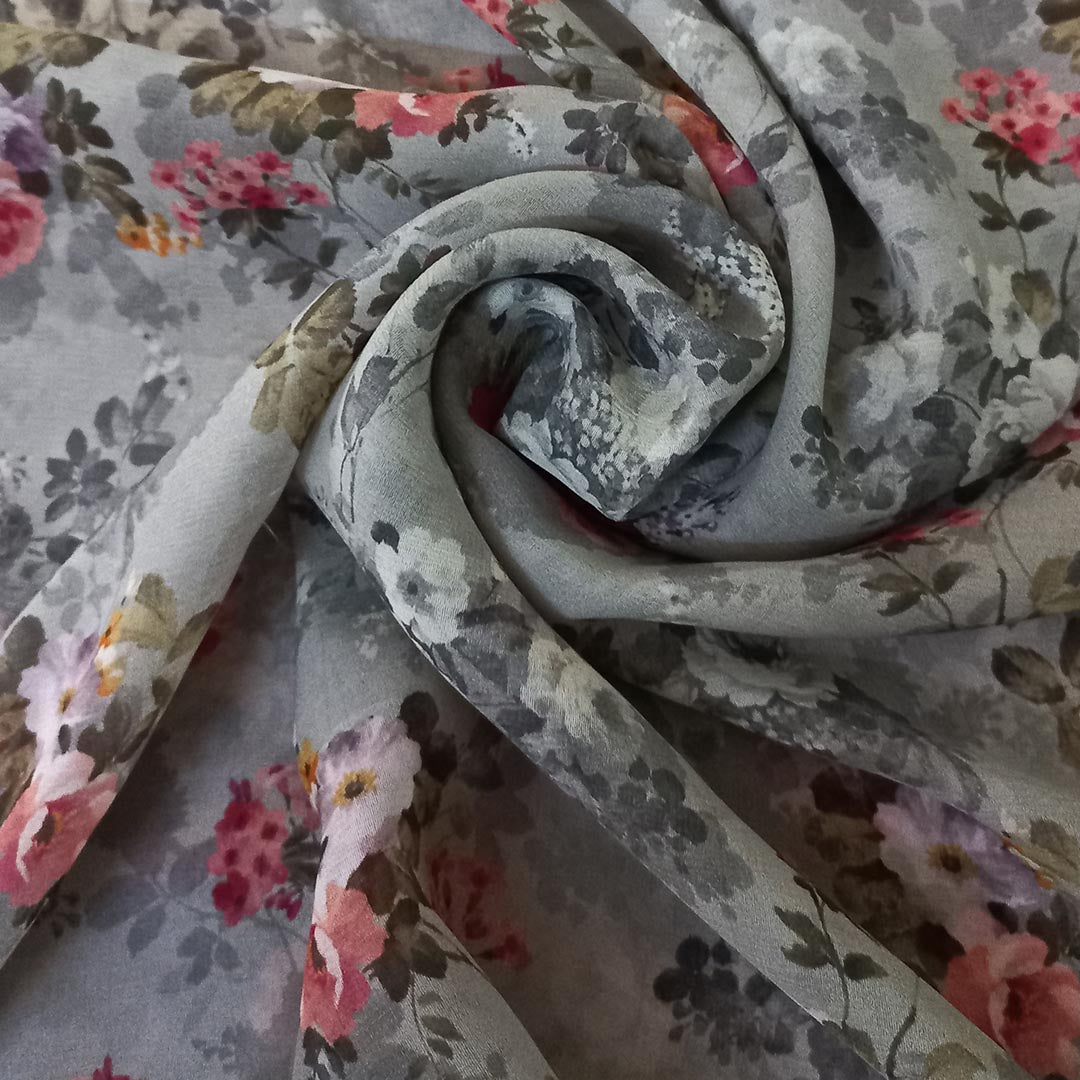 Pastel Grey Color Silk Fabric With Printed Floral Motifs