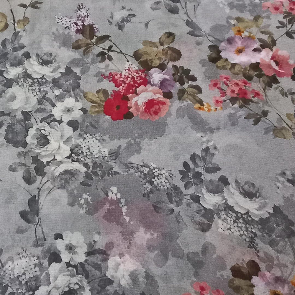 Pastel Grey Color Silk Fabric With Printed Floral Motifs