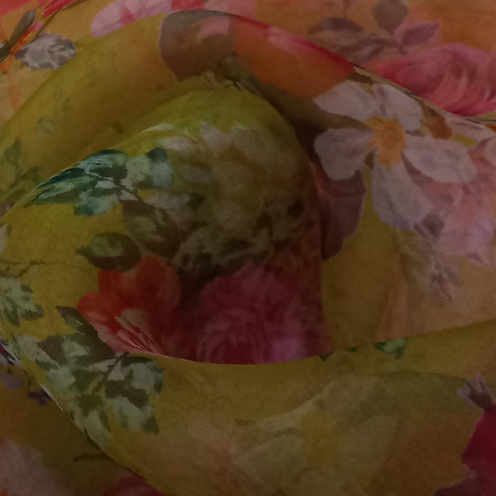 Yellow Color Silk Fabric With Printed Floral Motifs