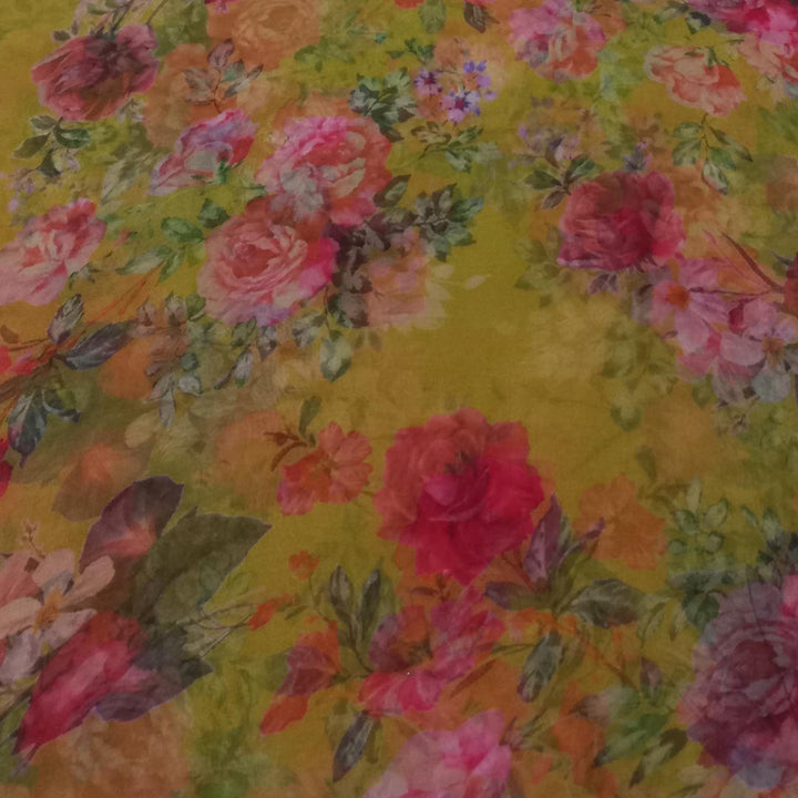 Yellow Color Silk Fabric With Printed Floral Motifs