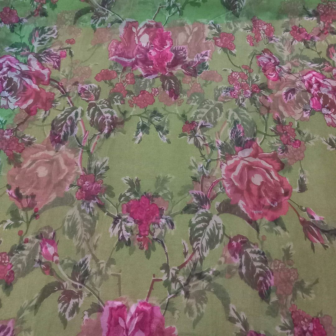 Pale Green Color Silk Fabric With Floral Motif Pattern