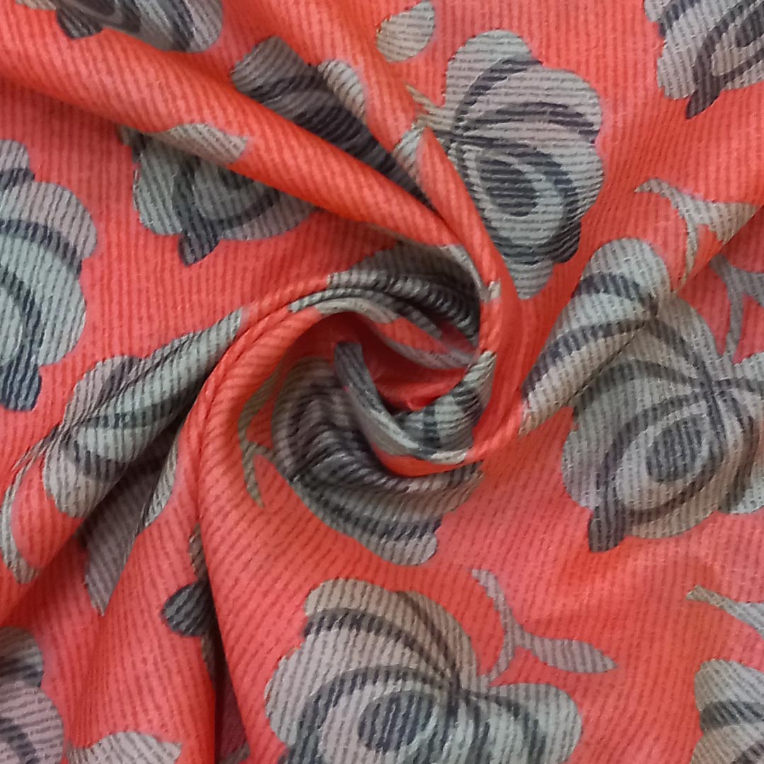 Neon Orange Color Silk Fabric With Floral Motifs