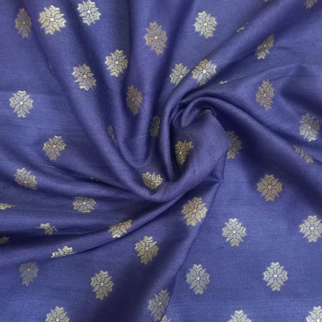 Blue Color Silk Fabric With Tiny Floral Buttis