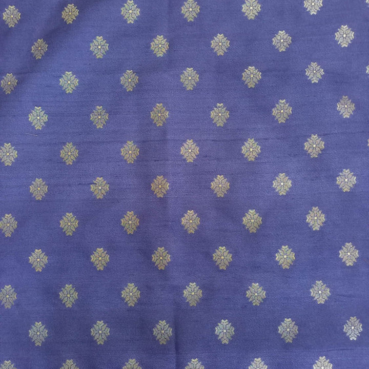 Blue Color Silk Fabric With Tiny Floral Buttis