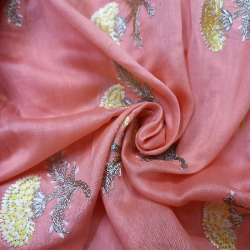 Pale Orange Embroidered Chanderi Fabric