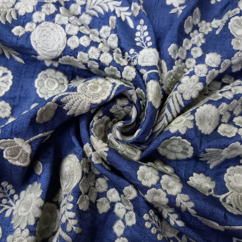 Indigo Blue Color Tussar Emboridered Floral Fabric