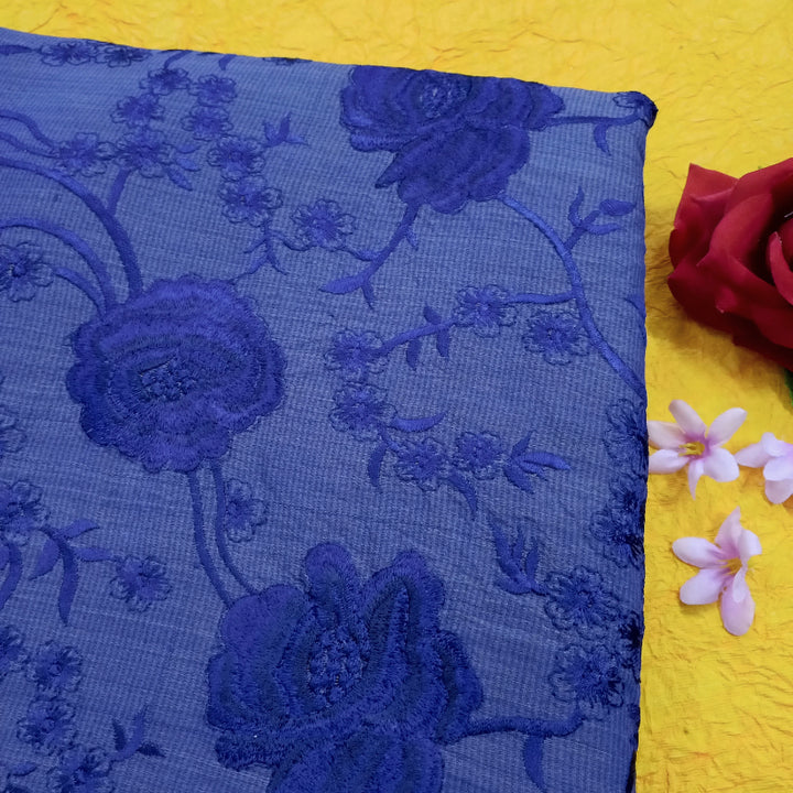 Navy Blue Color Thread Embroidered Kota Silk Fabric