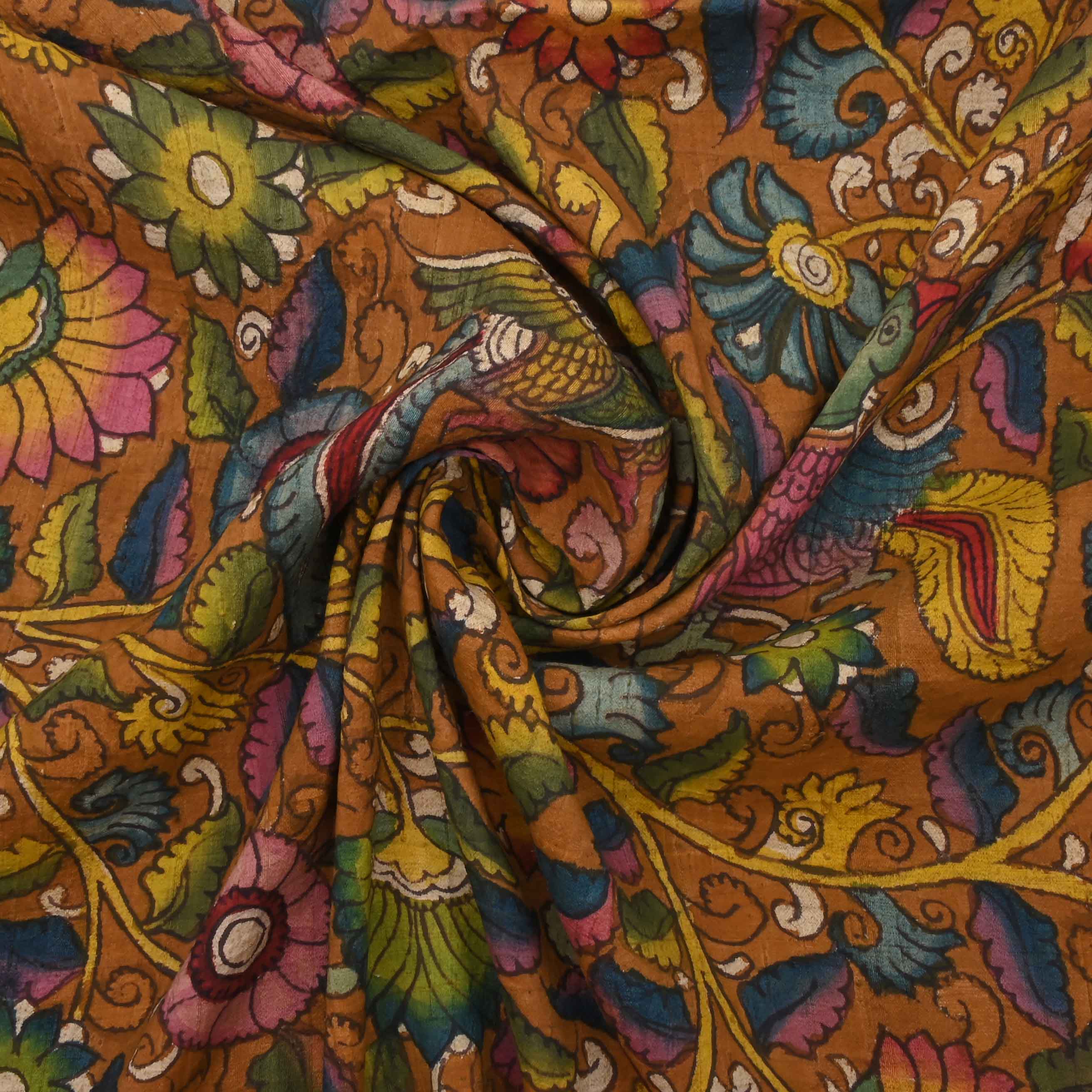 Brown Pen Kalamkari Printed Rawsilk Fabric