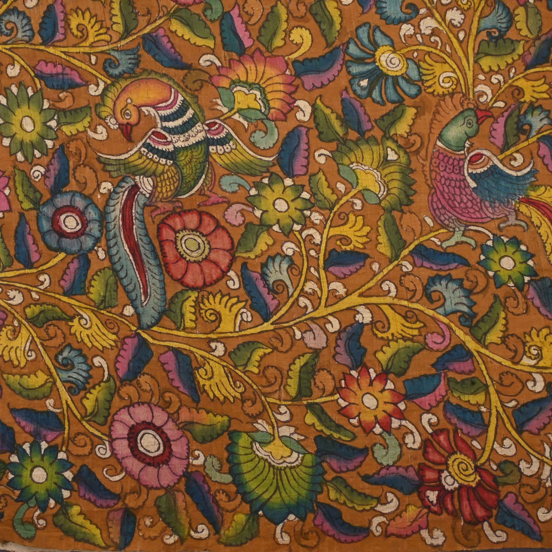 Brown Pen Kalamkari Printed Rawsilk Fabric