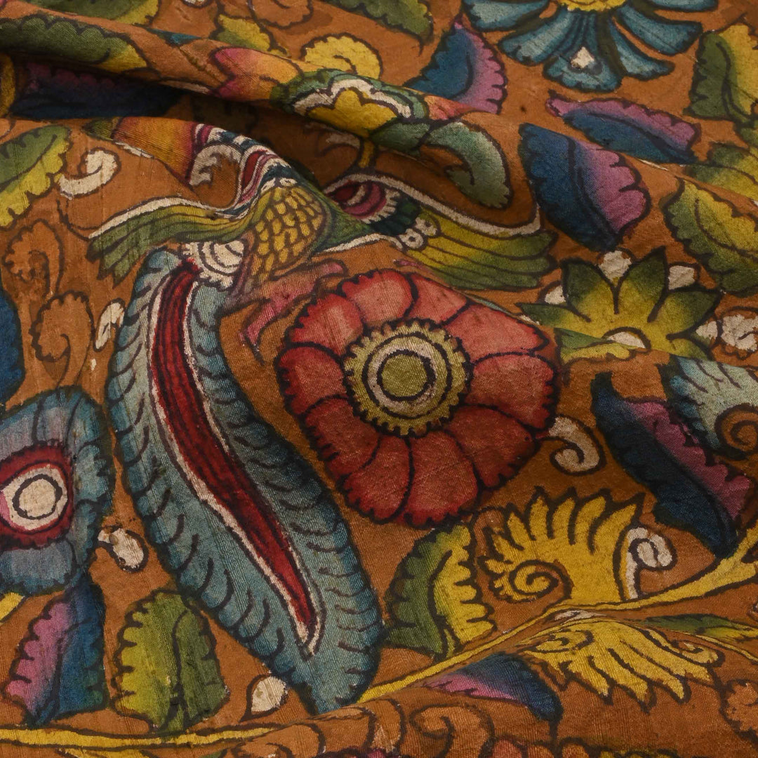 Brown Pen Kalamkari Printed Rawsilk Fabric