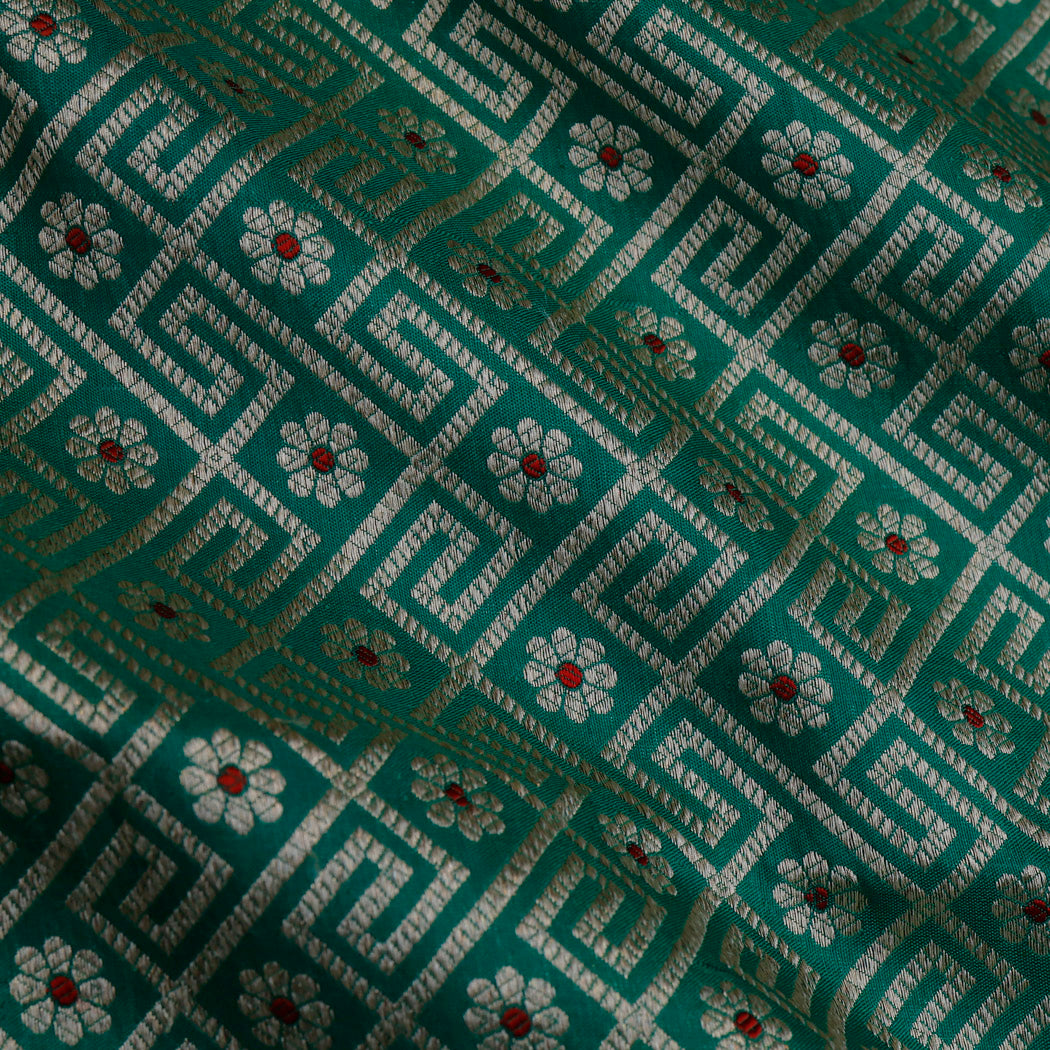 Teal Green Color Silk Fabric With Floral Checks Pattern