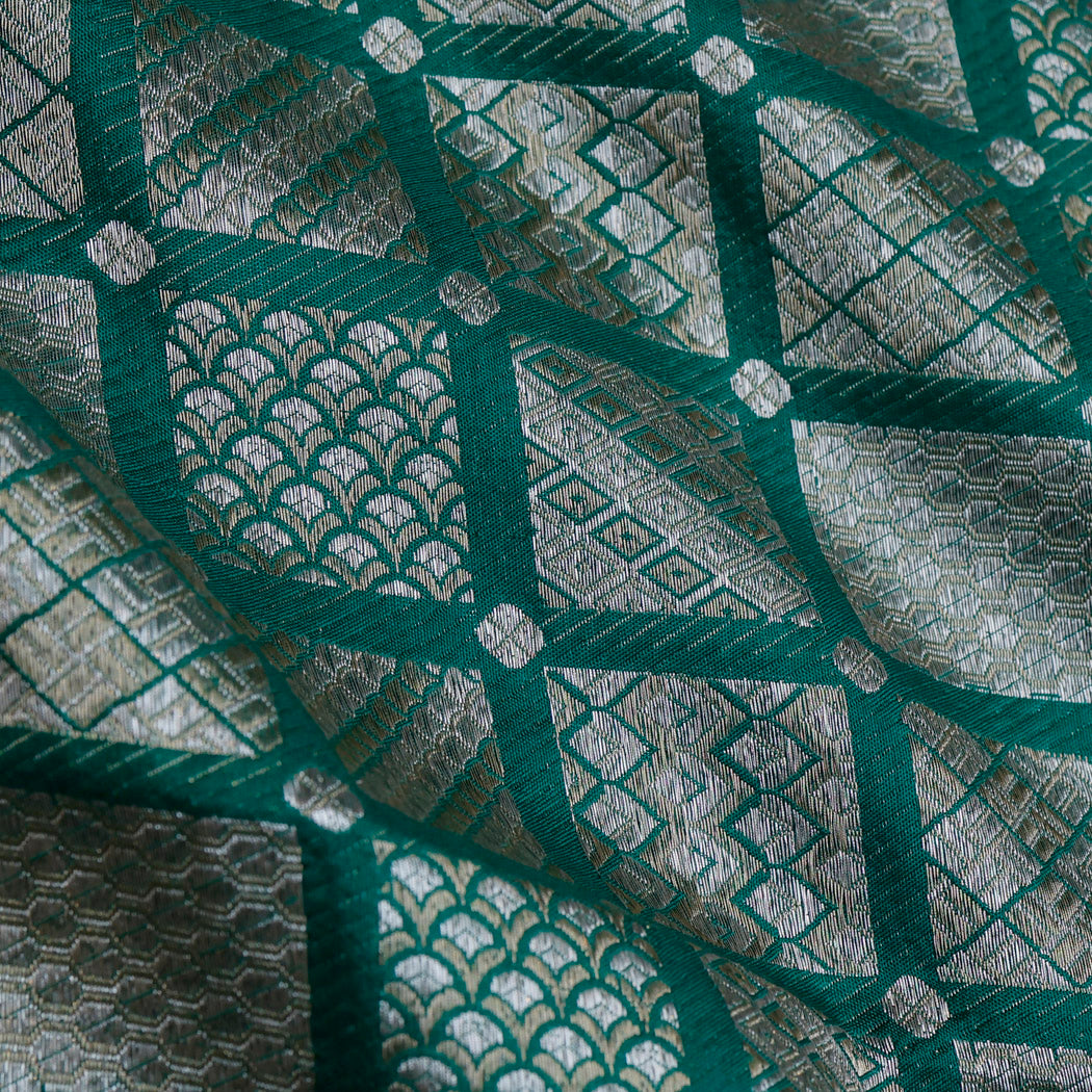 Teal Green Color Silk Fabric With Check Pattern