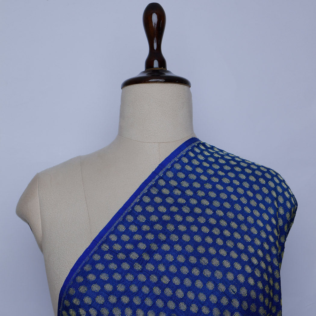 Dark Blue Color Tussar Fabric With Polka Dots