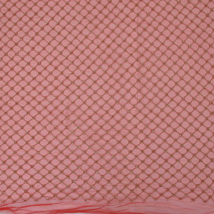 Fire Brick Red Net Embroidered Fabric