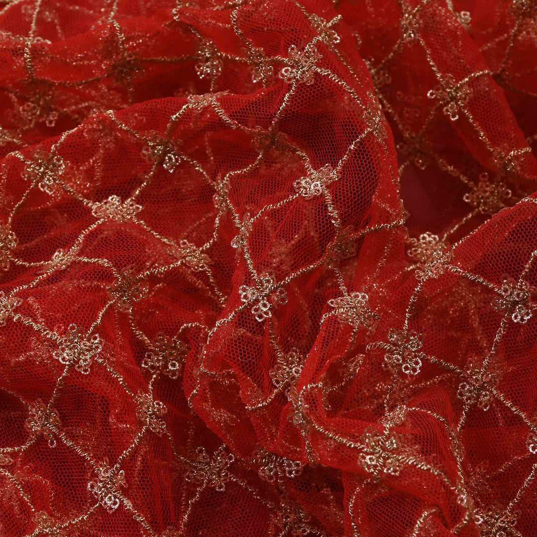 Fire Brick Red Net Embroidered Fabric