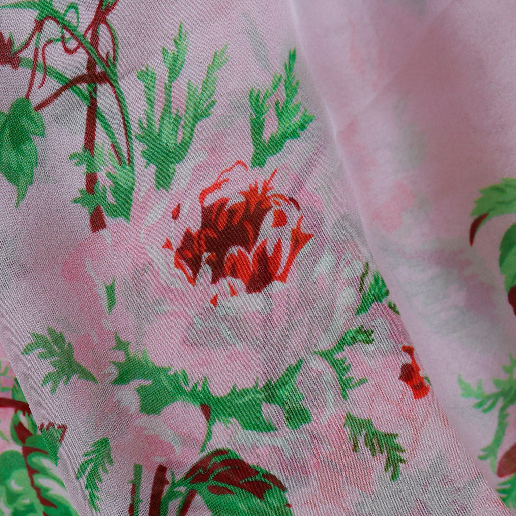 Pastel Pink Color Chiffon Fabric With Nature Inspired Printed Motifs