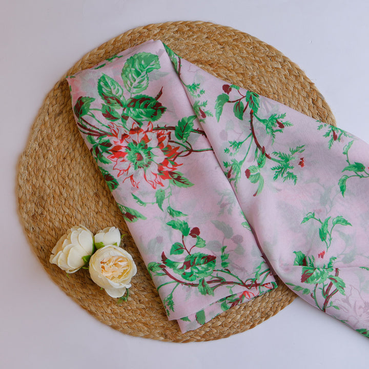 Pastel Pink Color Chiffon Fabric With Nature Inspired Printed Motifs