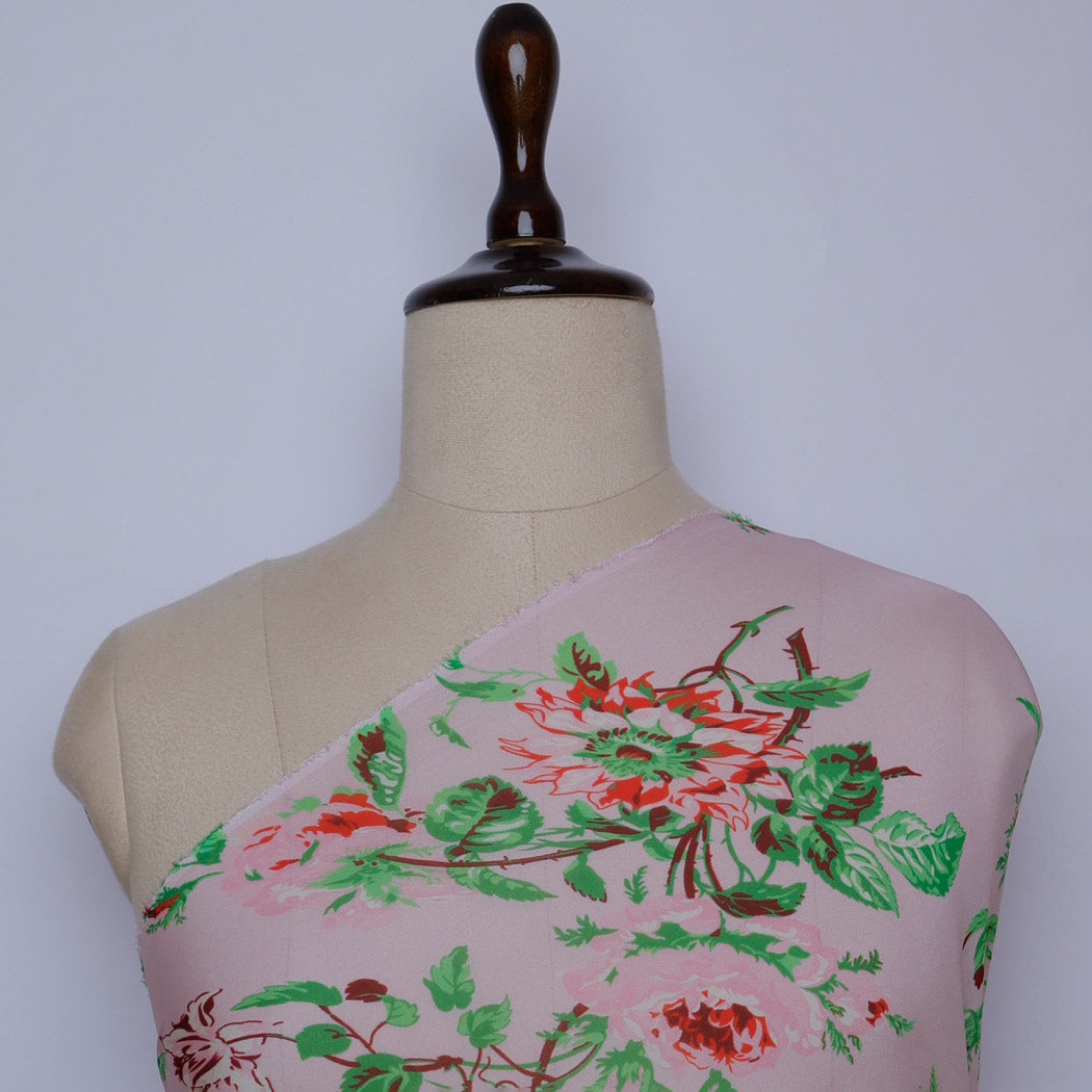 Pastel Pink Color Chiffon Fabric With Nature Inspired Printed Motifs