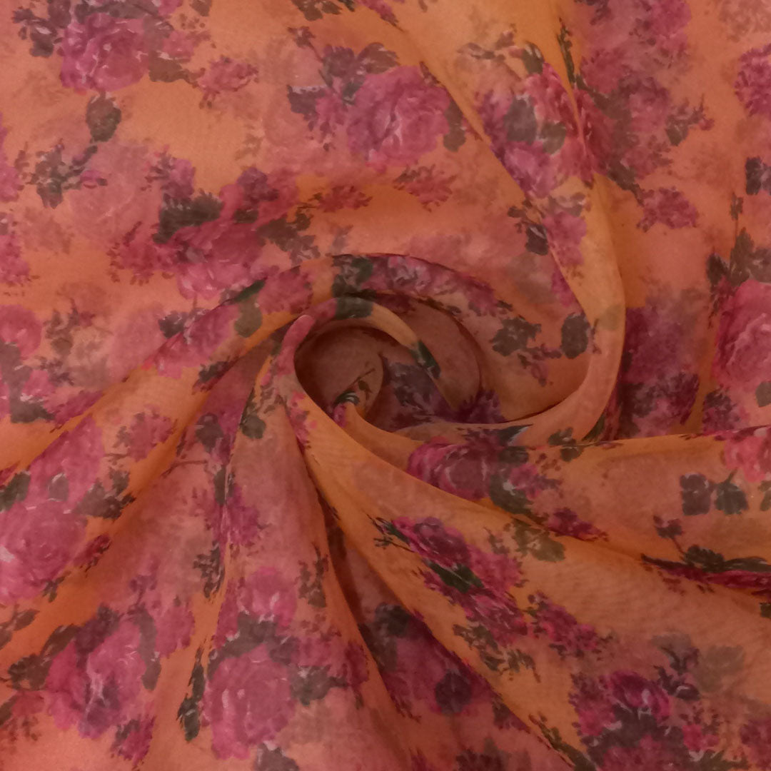Pastel Orange Color Silk Fabrics With Floral Printed Motifs