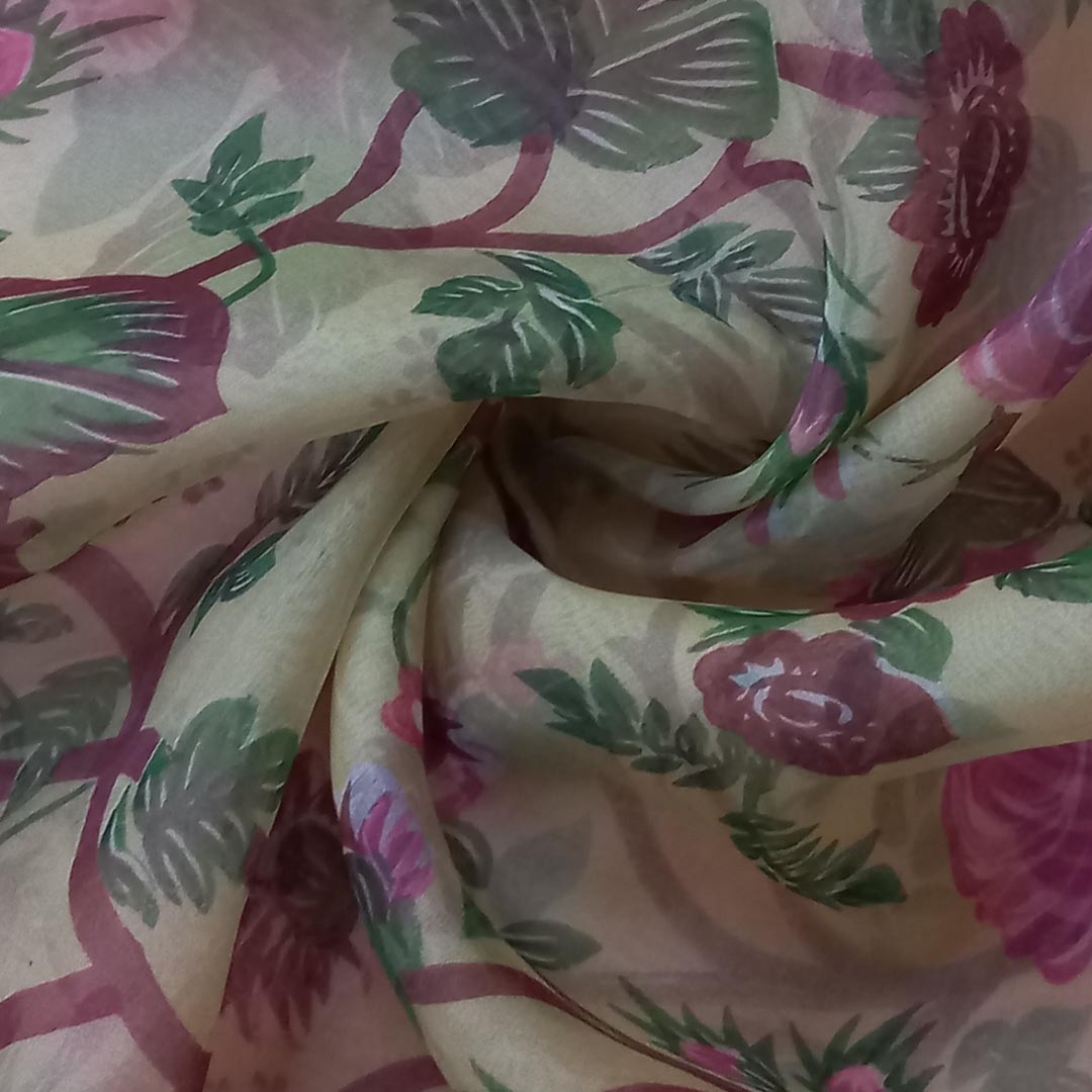 Pastel Cream Color Silk Fabric With Printed Floral Motifs