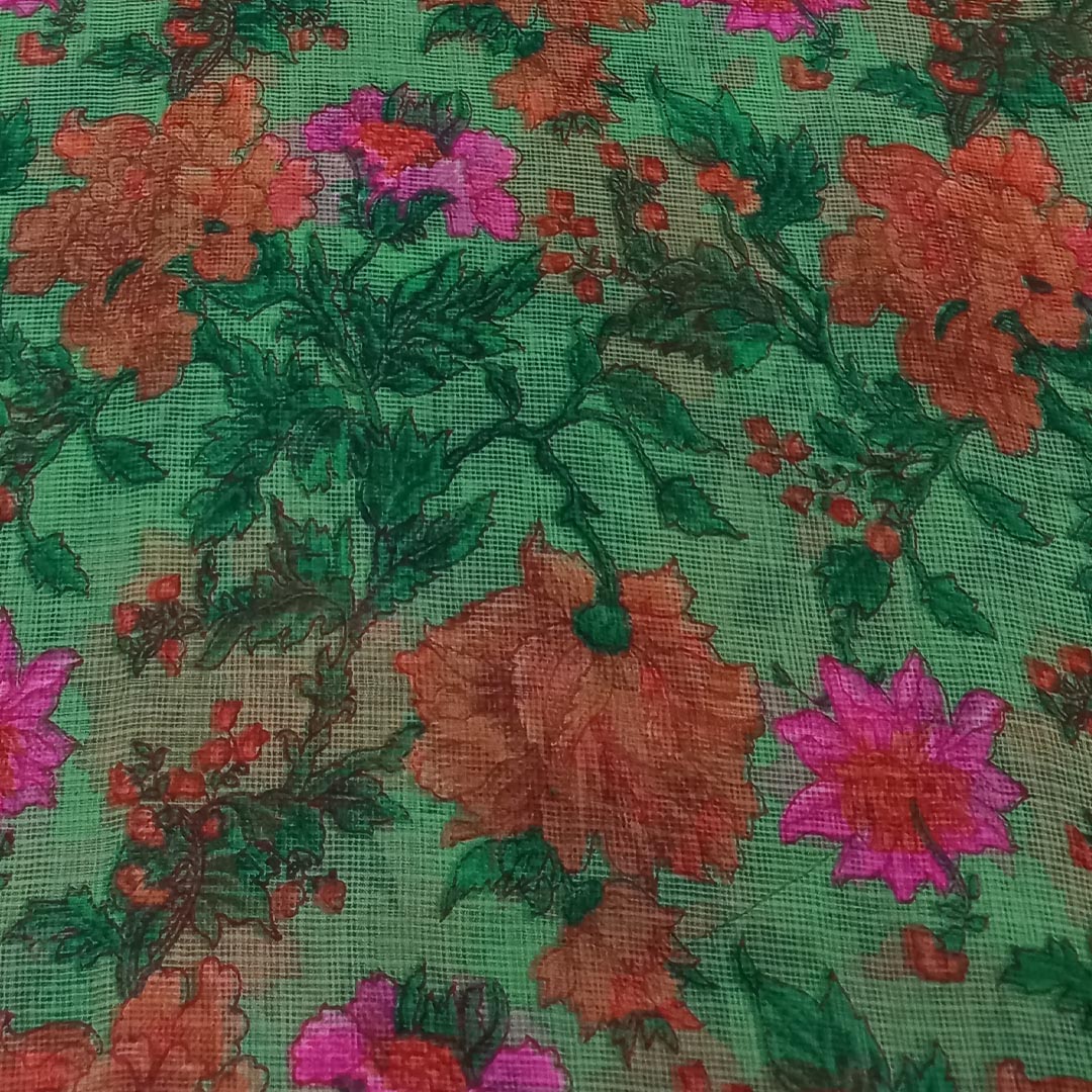Light Green Color Silk Fabric With Printed Floral Motifs