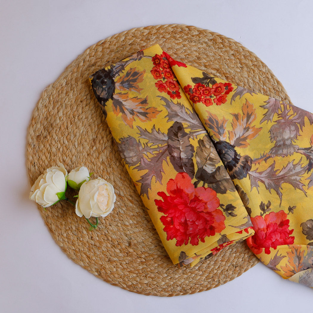 Mustard Yellow Color Georgette Fabric With Floral Printed Motifs